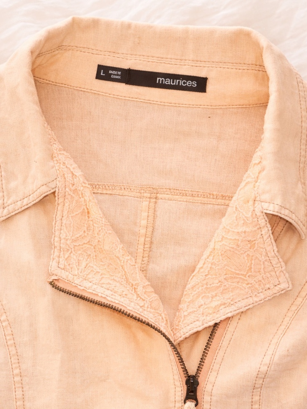 Maurices Peach Blush Lace Trim Zip Jacket Large Boho Feminine Lightweight Spring - Picture 2 of 3